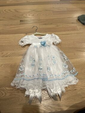 White and Light Blue Floral Lace Kids Theater Dress by